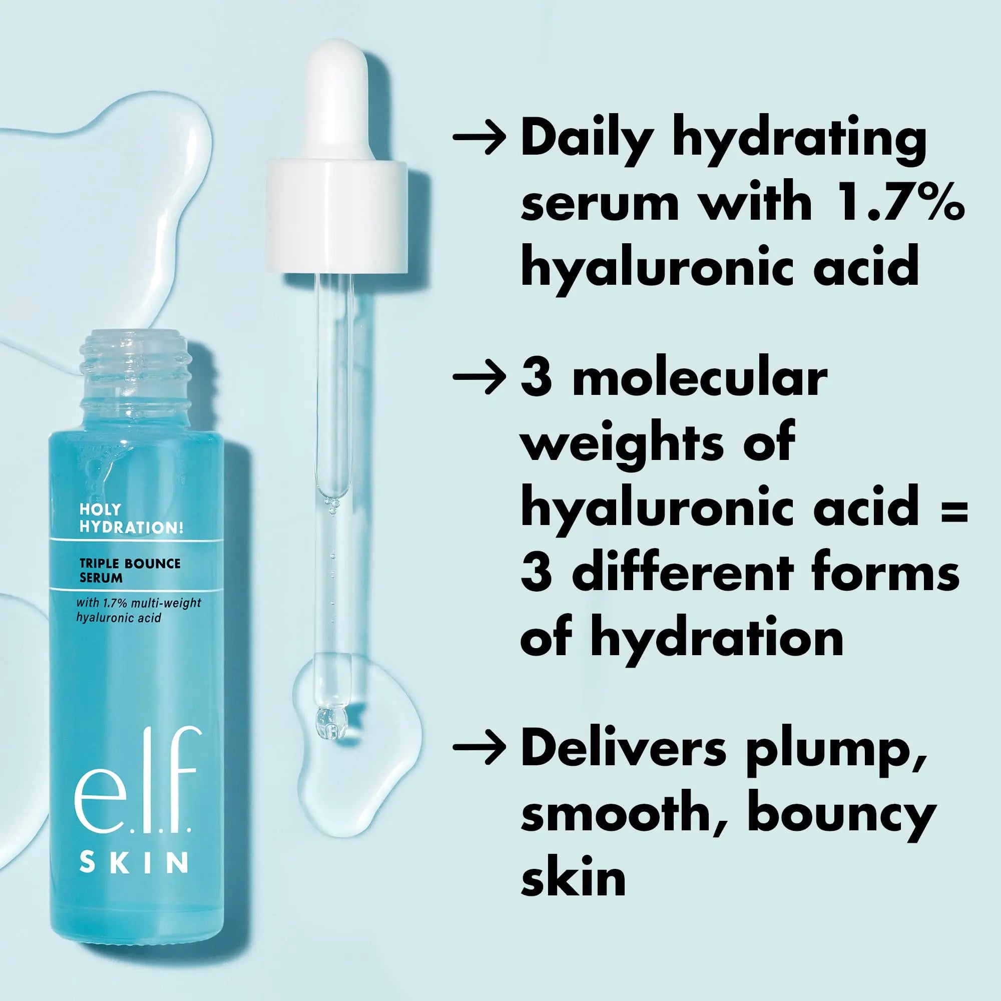 e.l.f. SKIN Holy Hydration! Triple Bounce Serum, 1.7% Hyaluronic Acid Serum